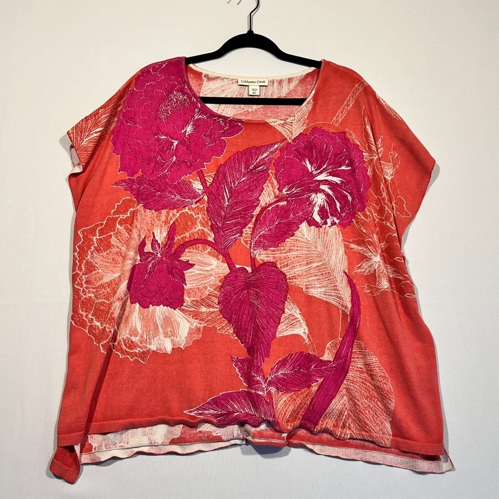 Coldwater Creek Top  Blouse Silk Blend Tropical Floral‎ Knit Overlay Women's M/L